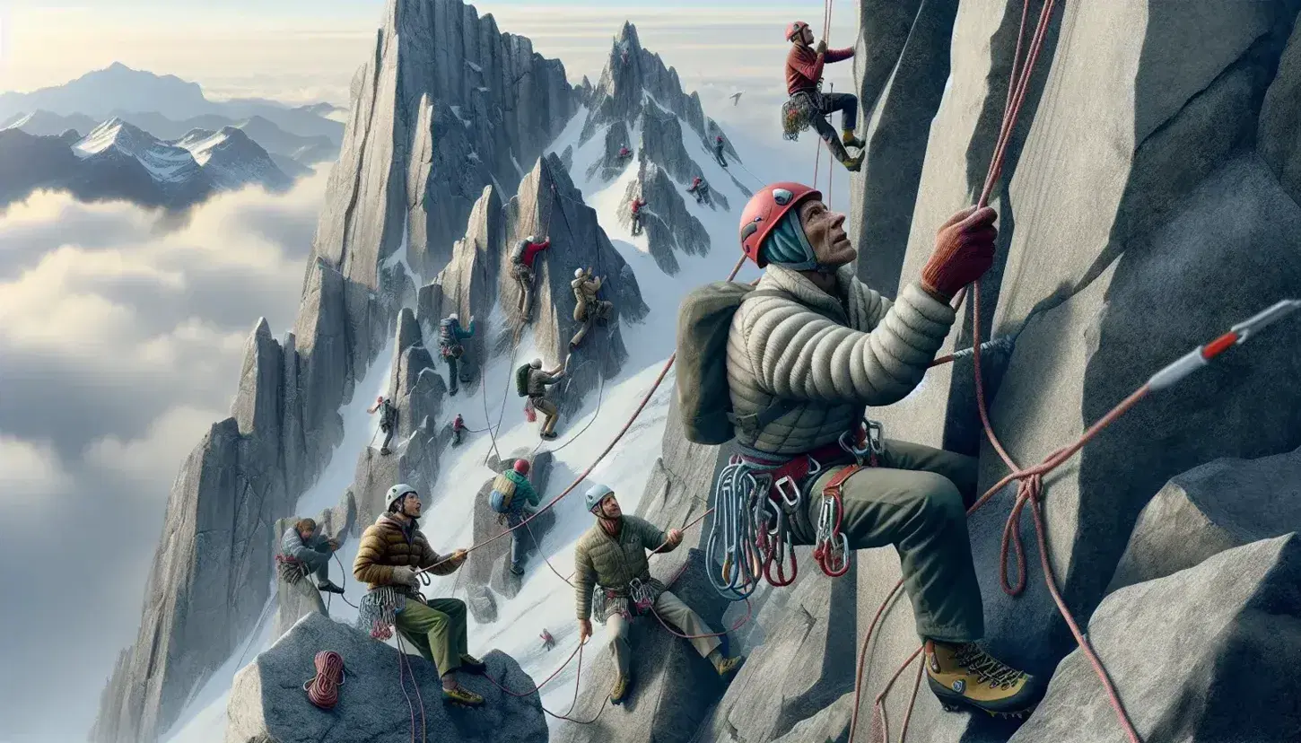 Gruppo di scalatori in azione su parete rocciosa innevata, con cielo azzurro e base camp visibile in lontananza.