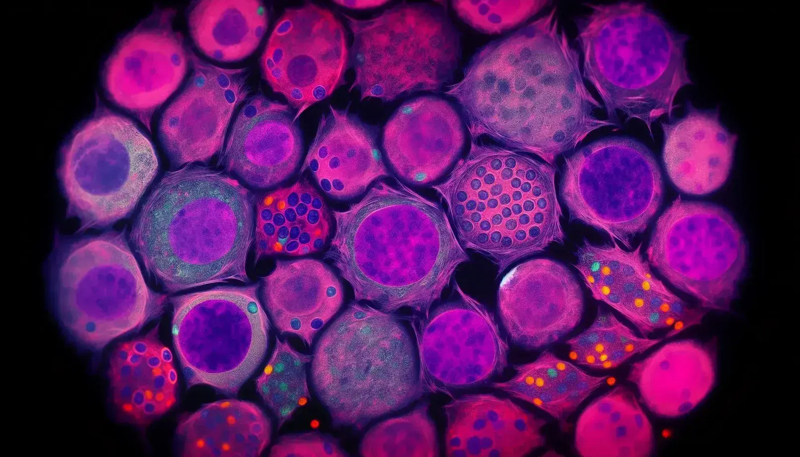 Fotografia microscopica a colori di cellule umane coltivate con nuclei in viola, citoplasma rosa e marcatori fluorescenti giallo-verdi.