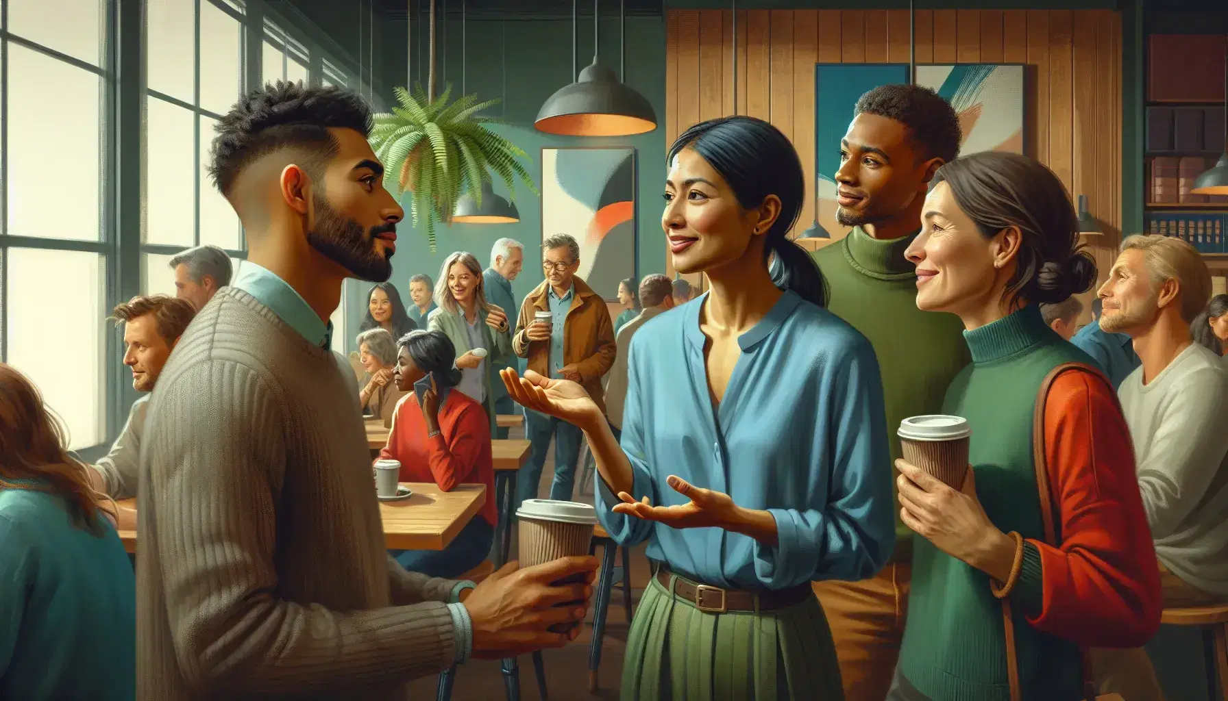 Diverse group conversing in a cozy cafe with wooden decor and abstract art, highlighting a South Asian woman gesturing, a nodding Black man with coffee, and an attentive blonde woman.