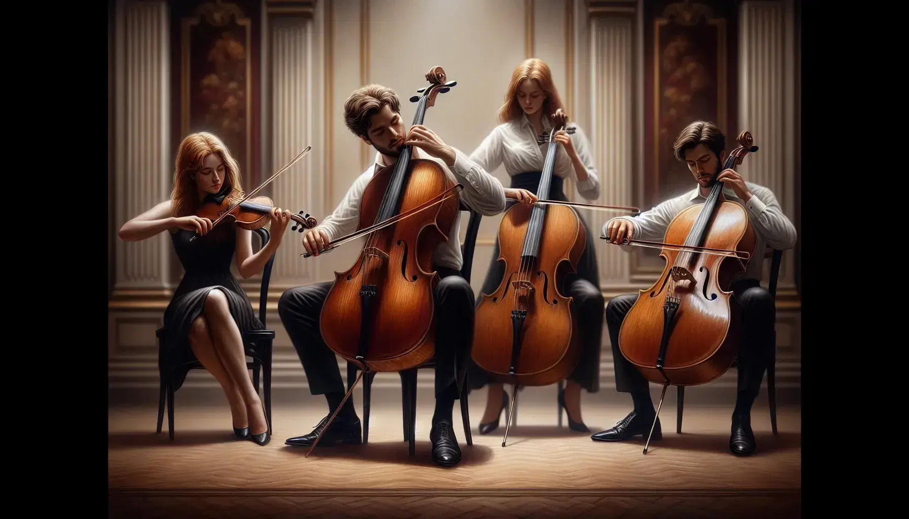 Quartetto d'archi in esecuzione con violino, viola, violoncello e contrabbasso in sala da concerto sfocata.