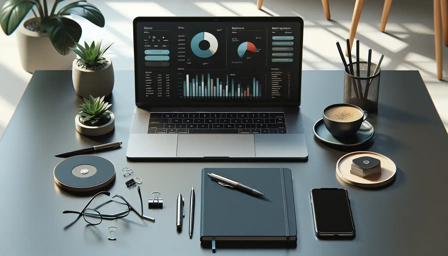 Escritorio moderno de gerente de marketing con portátil mostrando gráficos, smartphone, libreta, pluma, planta y café en ambiente de oficina iluminado.