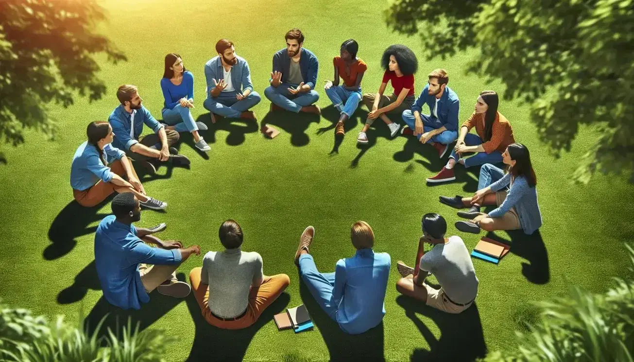 Multi-ethnic group of eight people sitting in a circle on a lawn, actively conversing on a sunny day with lush trees in the background.
