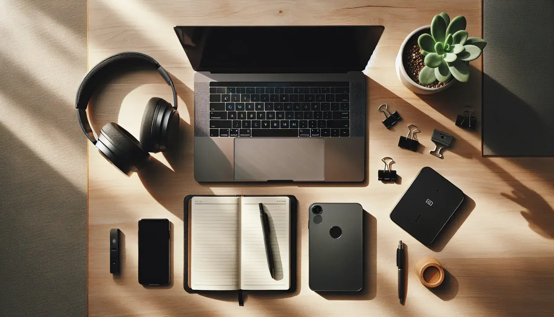 Vista aérea de un escritorio de madera clara con un portátil abierto, disco duro externo negro, smartphone plateado, auriculares negros, planta verde y cuaderno con bolígrafo azul.