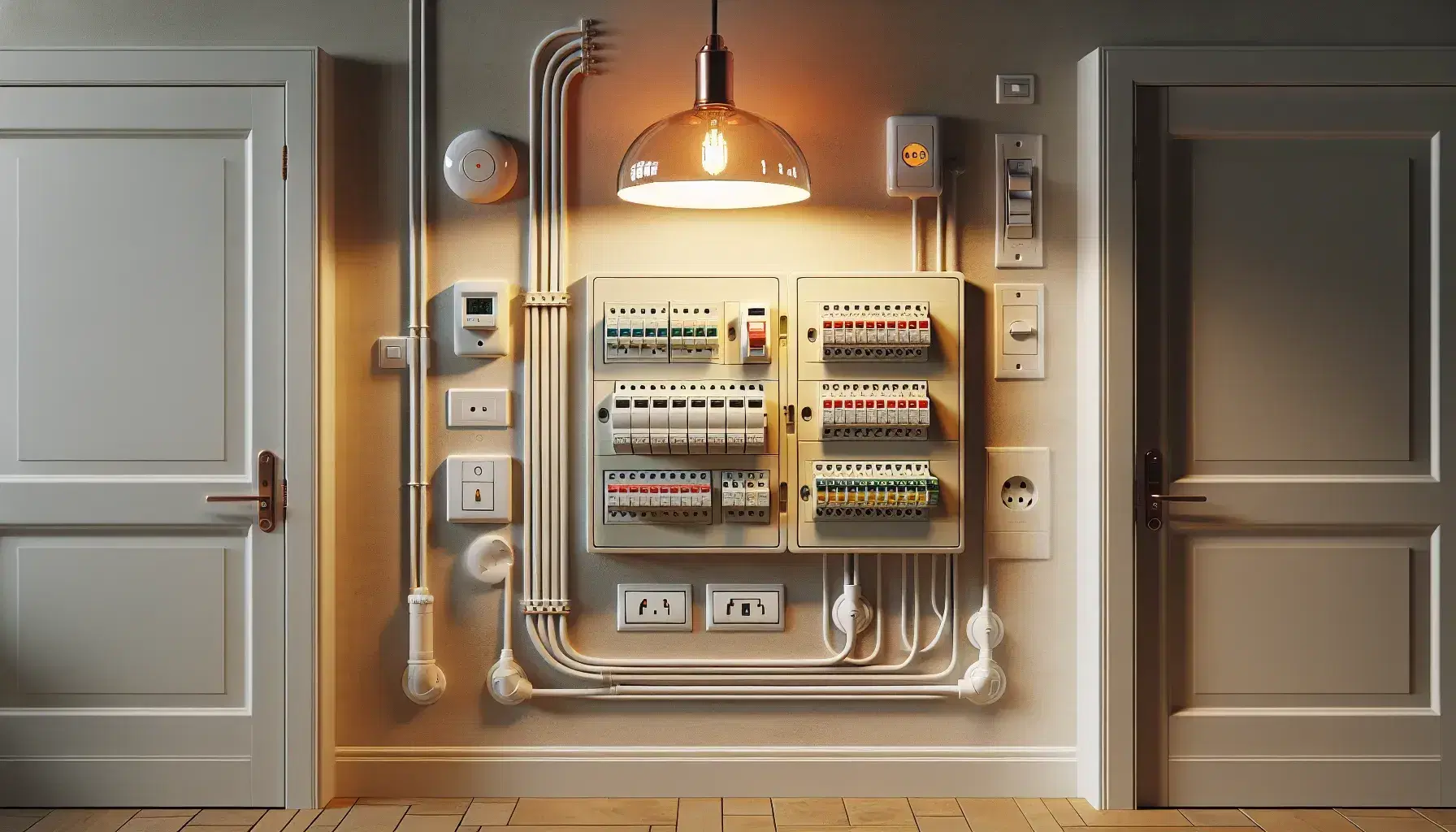 Quadro elettrico aperto con interruttori automatici colorati, lampada sospesa, termostato digitale e interruttori luce su parete interna.