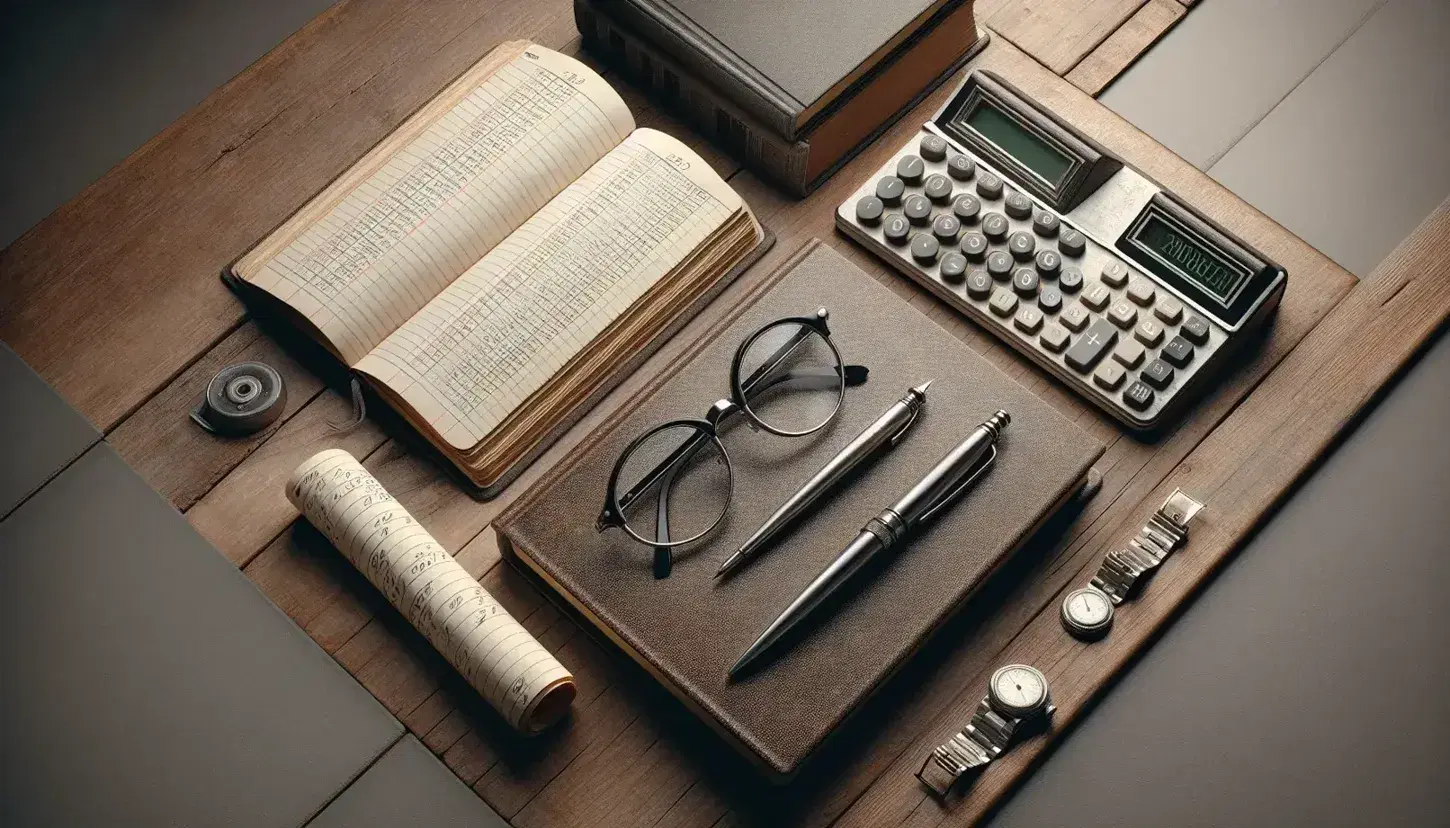 Top-down view of an organized office desk with an open ledger book, mechanical calculator, eyeglasses, fountain pen, and a stack of hardcover books on a wooden surface.