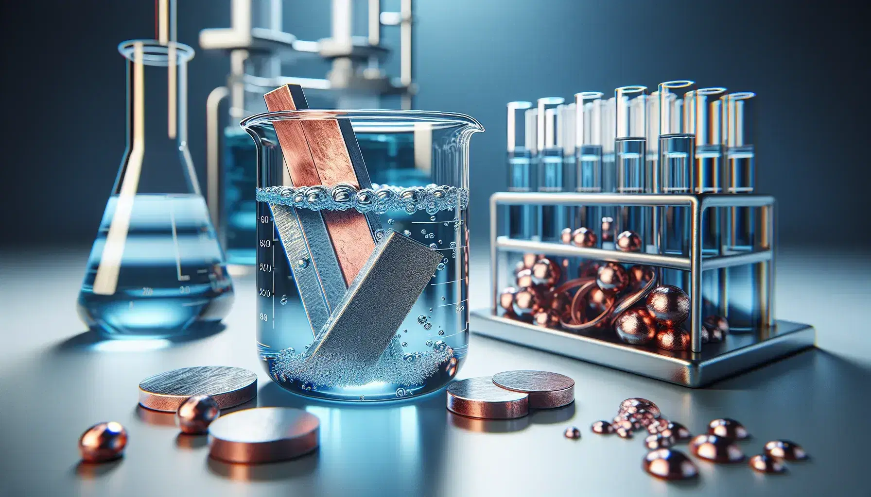 Laboratory with beaker containing blue solution and reacting silver metal, pieces of copper and test tube with colorless liquid on bench with safety glasses.