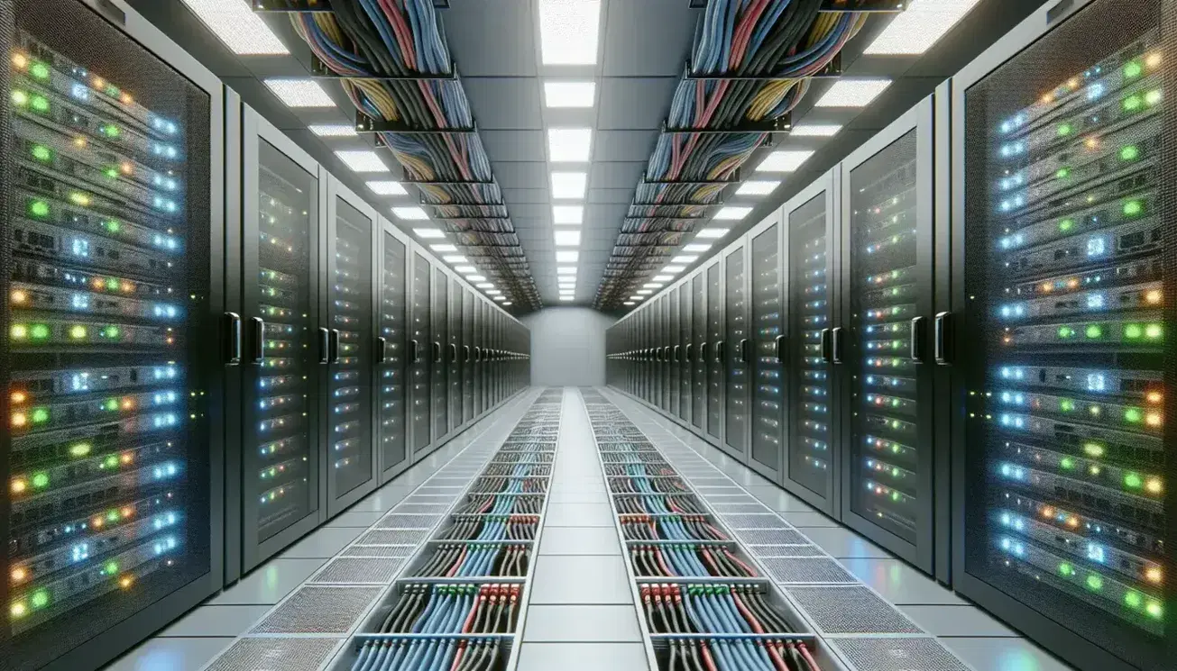 Centro de datos con pasillo central y suelo de baldosas grises, rodeado de armarios de servidores negros con luces indicadoras y cables de colores organizados en bandejas superiores.