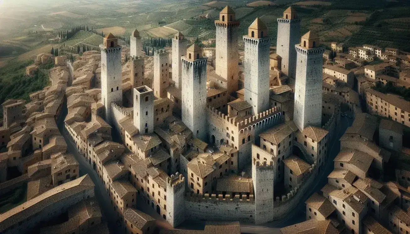 Veduta aerea di città medievale italiana con torri in pietra, mura antiche e tetti in terracotta, strade strette e paesaggio circostante.