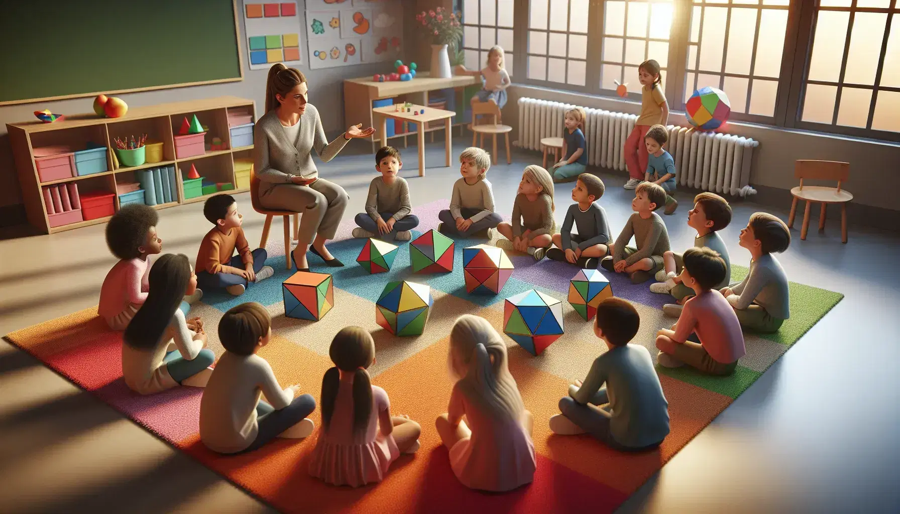 Niños atentos en clase de geometría observan figuras tridimensionales mientras maestra explica, en un aula iluminada con luz natural.