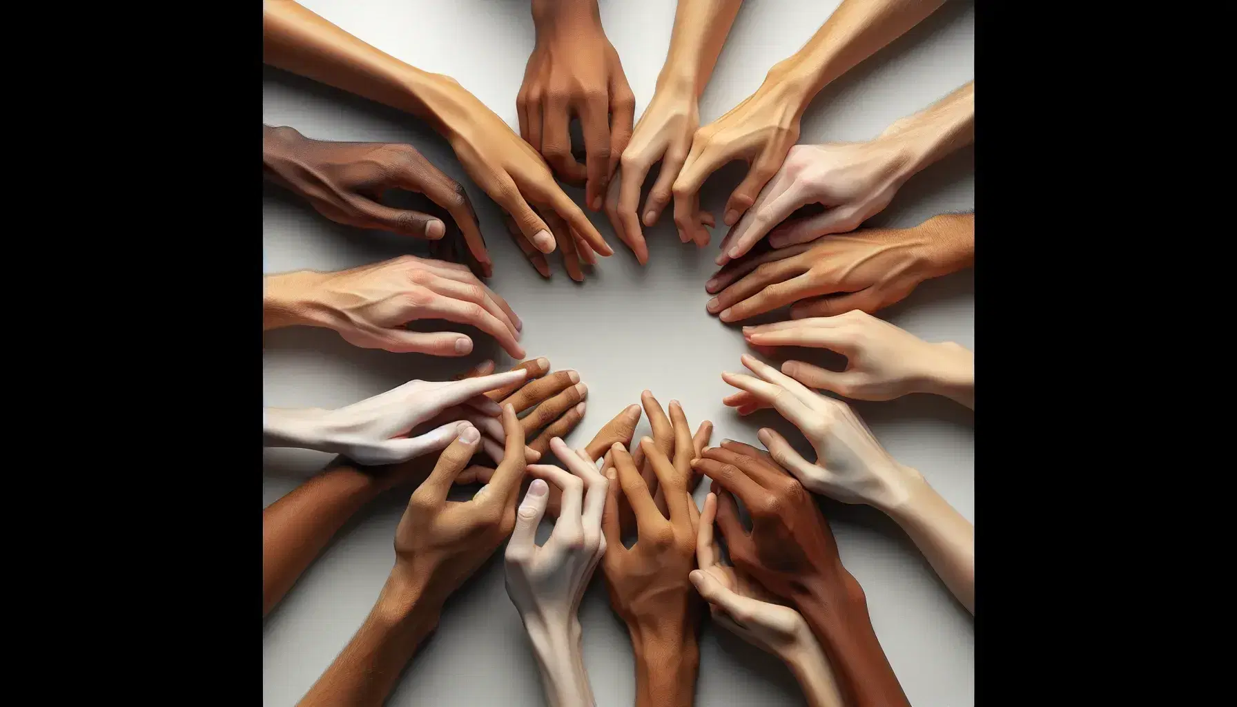 Mani di diverse etnie formano un cerchio con le dita che si sfiorano su sfondo neutro, simboleggiando unità e diversità.