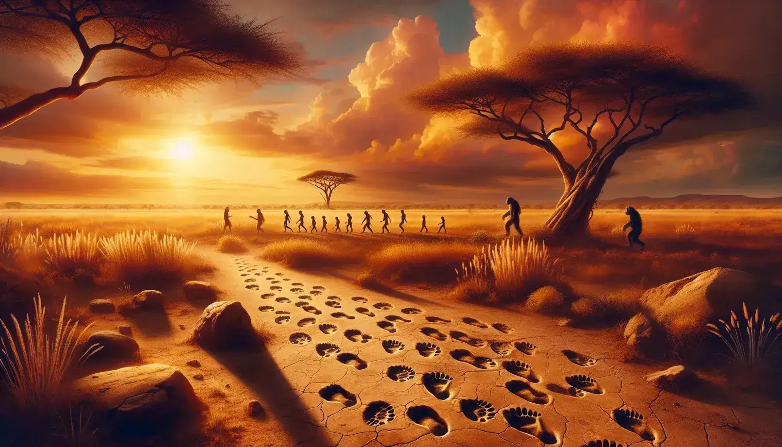 Atardecer africano con huellas fósiles humanas en primer plano, sabana dorada y siluetas de homínidos caminando bajo un cielo anaranjado.