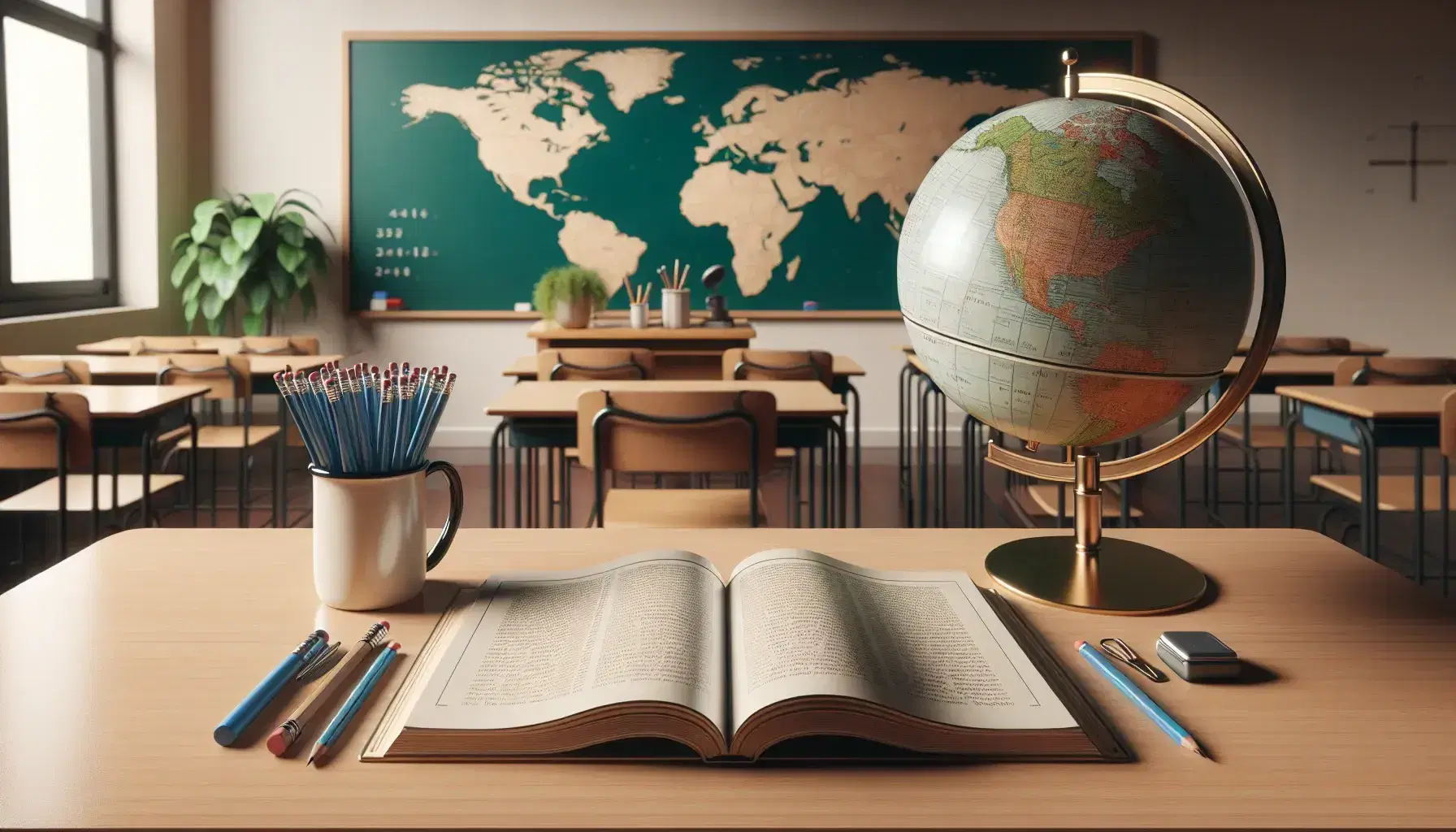 Classroom with teacher's desk, open textbook, mug with writing utensils, clean chalkboard, globe, potted plant, and rows of student desks.