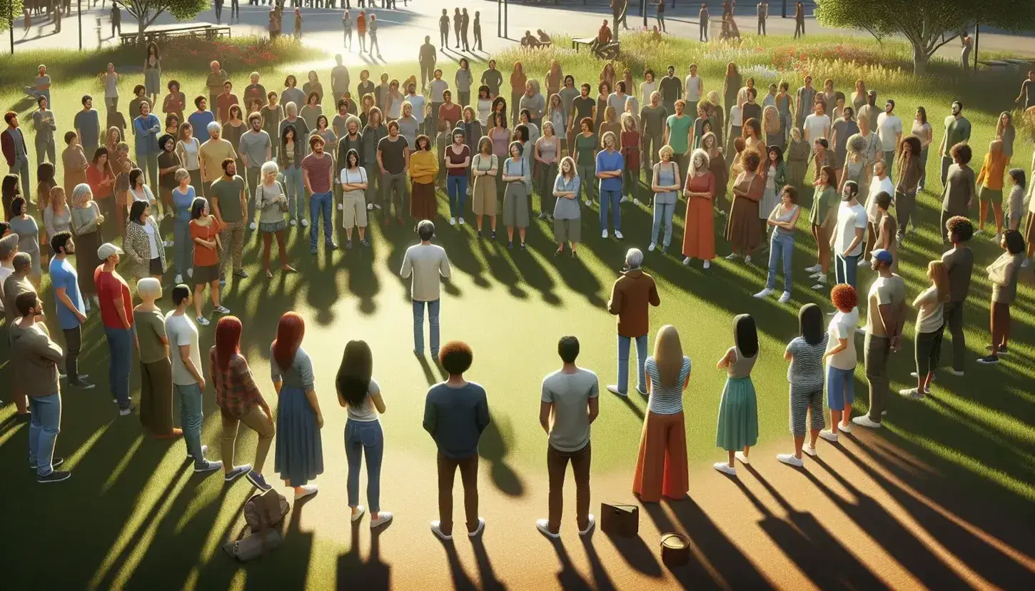 Grupo diverso de personas reunidas en un parque escuchando a un orador, reflejando comunidad y diálogo en un día soleado.