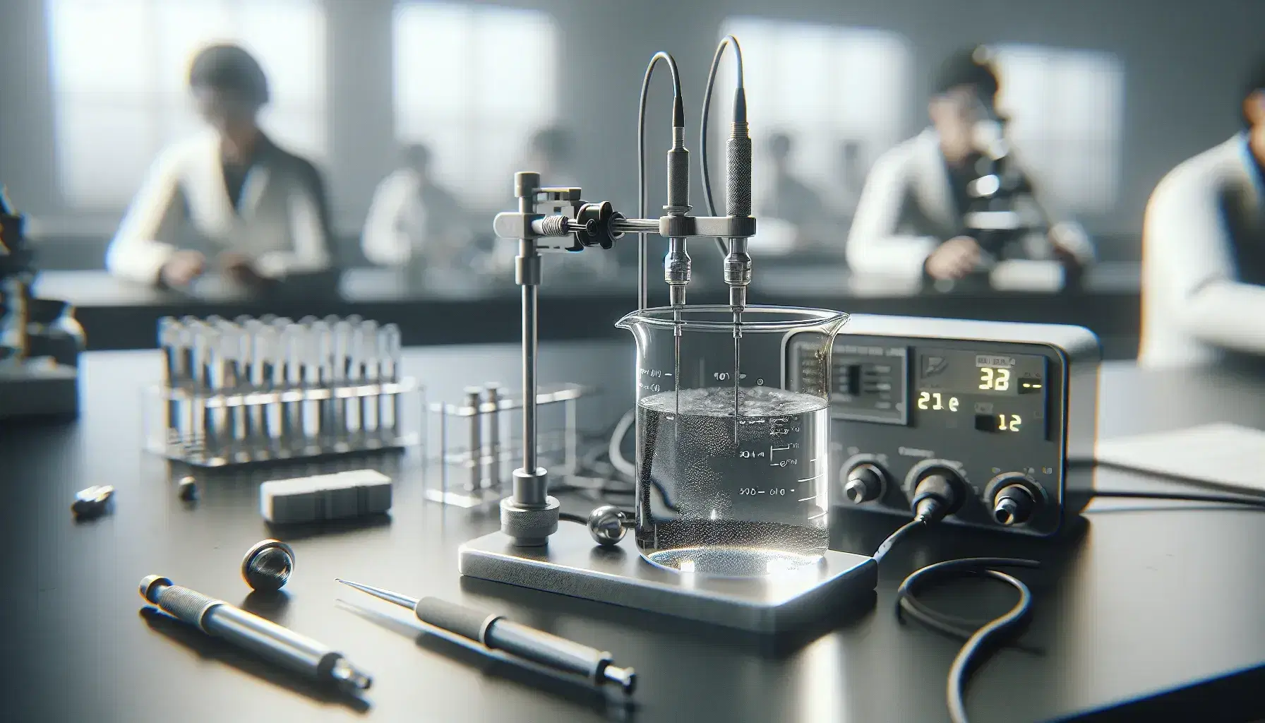 Close-up of a laboratory bench with glass beakers and electrolyte solution, electrodes connected to a power supply, pipette and safety glasses.