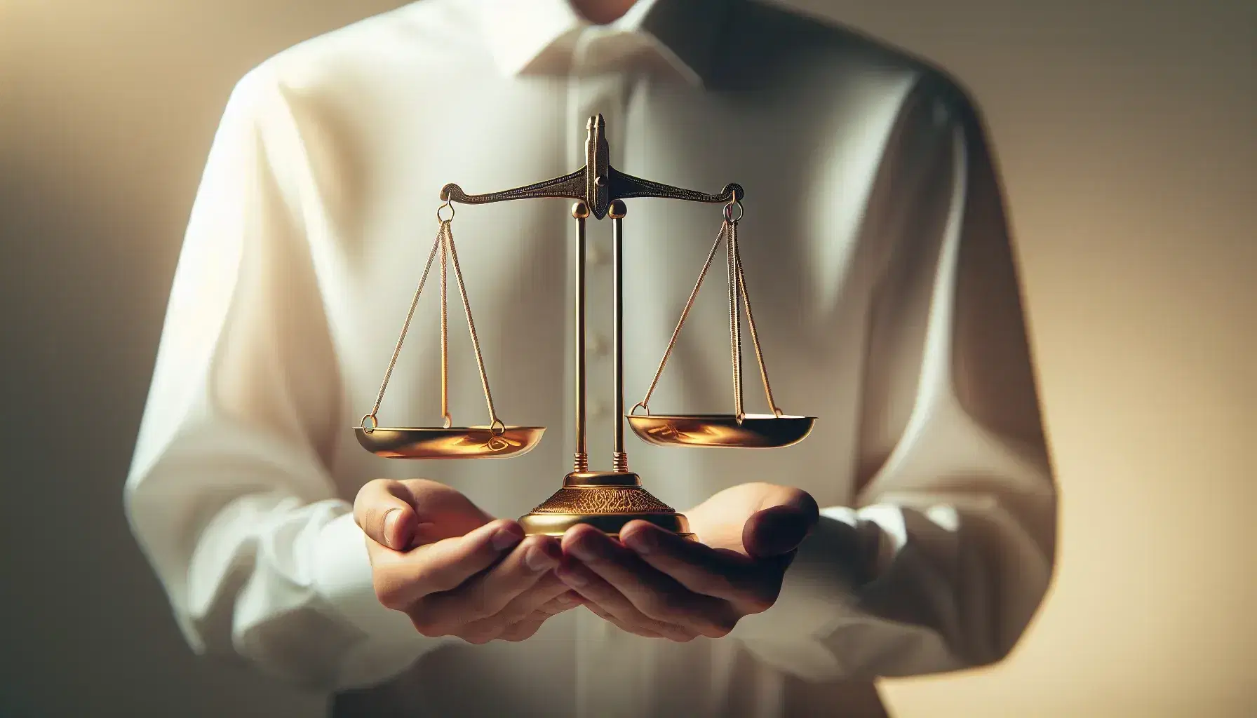 Manos sosteniendo una balanza de justicia dorada en equilibrio perfecto sobre fondo neutro y desenfocado, reflejando una luz suave.