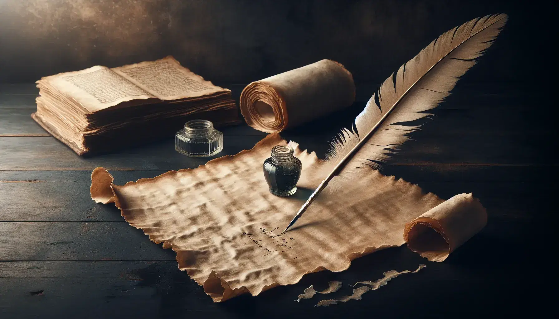 Pergamena antica parzialmente srotolata con piuma e calamaio su fondo legno scuro, libro aperto sfocato sullo sfondo.