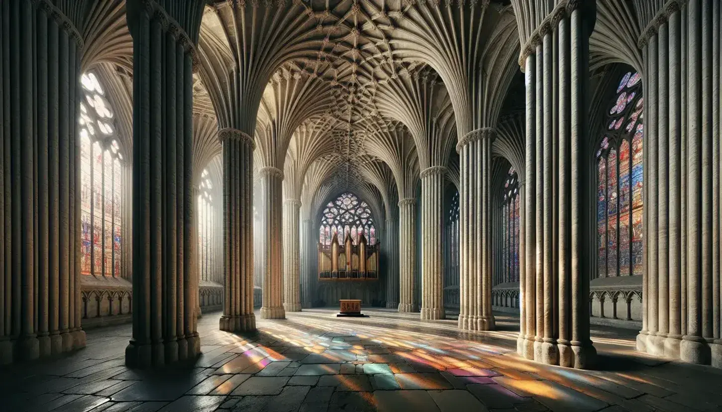Vista interna di una cattedrale gotica con colonne alte, volta a crociera, vetrate policrome che filtrano luce colorata sul pavimento a scacchi.
