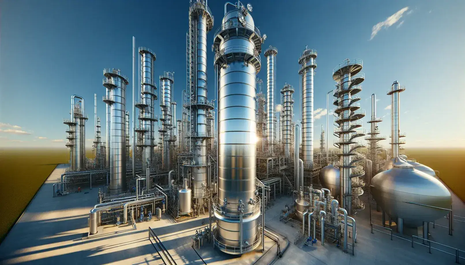 Columnas de destilación industriales bajo cielo azul, con estructuras metálicas reflejando la luz solar, válvulas y tuberías conectadas, y escaleras con barandillas de seguridad.