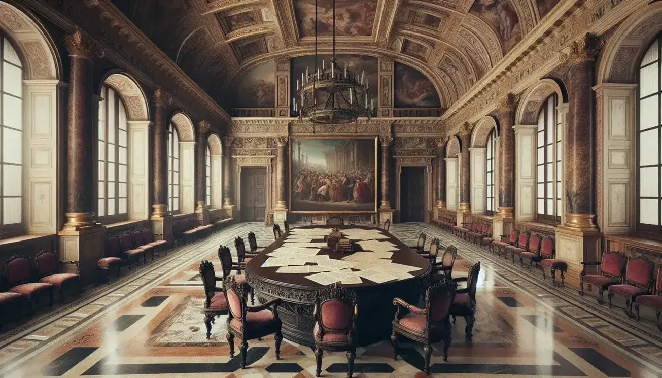 Sala storica con tavolo ovale in legno, sedie antiche in velluto rosso, documenti e penne d'oca, affreschi beige e oro, e lampadari in ferro battuto.
