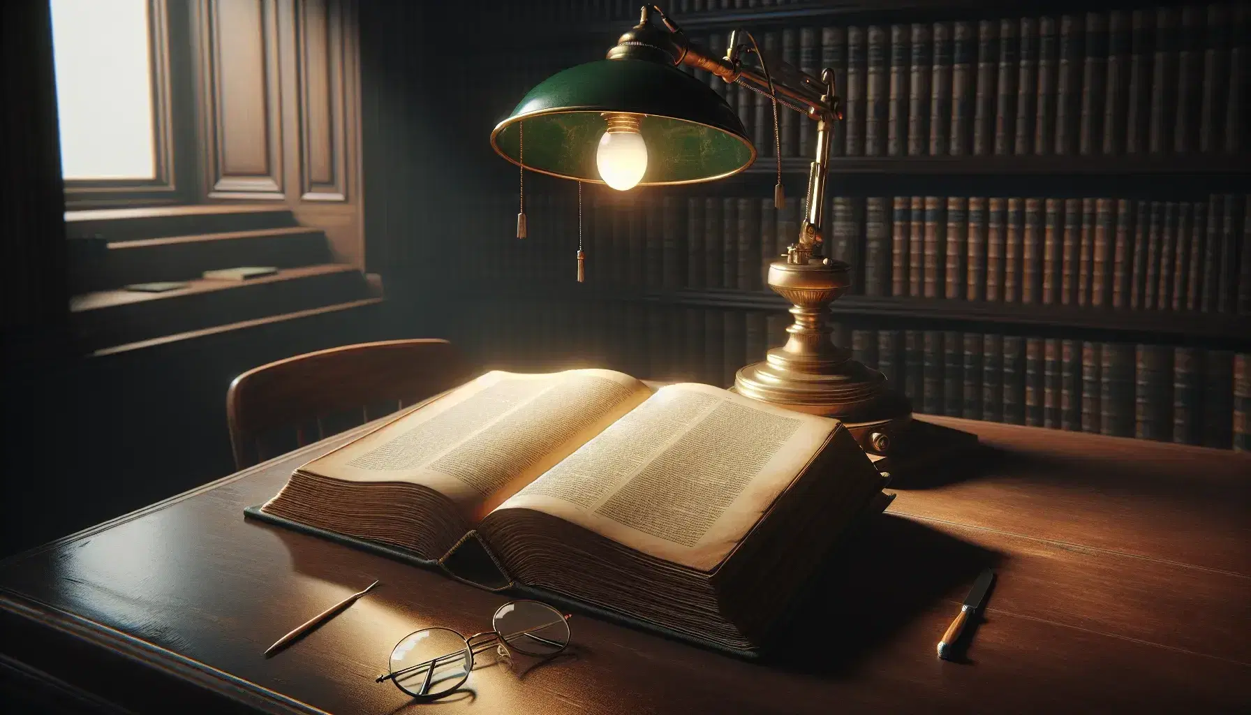 Vintage library scene with a glossy wooden table, an open aged book, a classic green-shaded banker's lamp, and round wire-framed eyeglasses, surrounded by book-filled shelves.