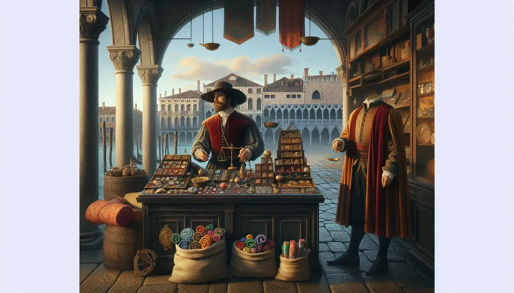 Scena rinascimentale in piazza veneziana con mercante, bilancia in mano, banchetto di merci, gondola ormeggiata e architetture gotiche.