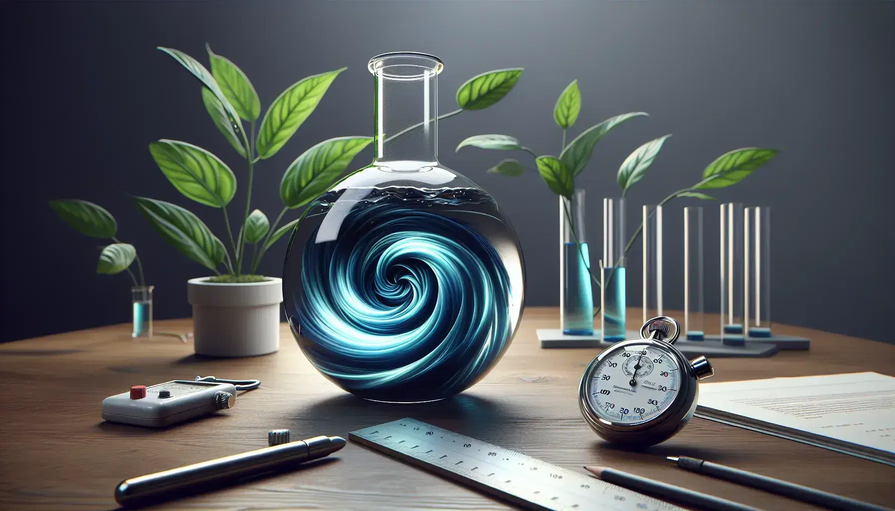 Glass flask with swirling deep blue liquid on a wooden table, accompanied by a ruler, a stopwatch, and a potted green plant in a soft-lit setting.
