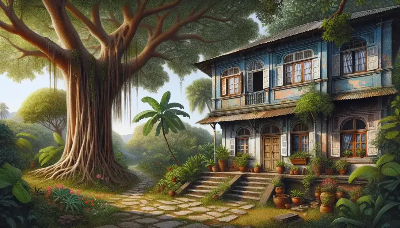 Traditional Indian house with peeling blue and white paint, wooden windows, and an open door, set against a lush garden with a sprawling banyan tree and colorful flowers.