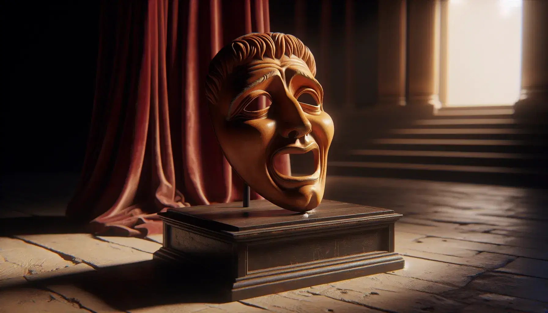 Maschera teatrale romana antica in terracotta con espressione esagerata su piedistallo scuro, sfondo di tenda rossa teatrale.