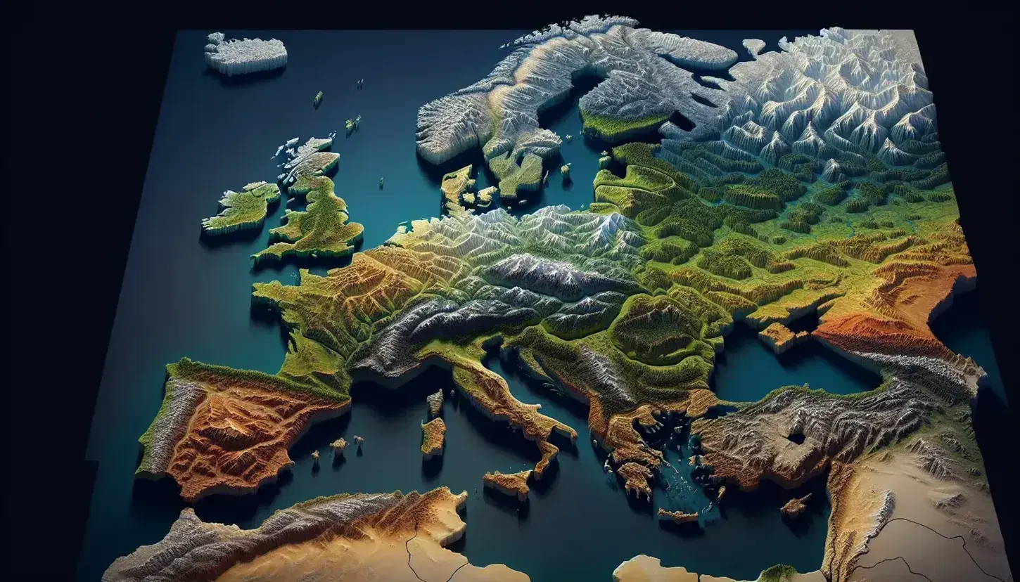 Mappa in rilievo dell'Europa che evidenzia altitudini e caratteristiche geografiche con colori distinti per le quattro fasce climatiche.