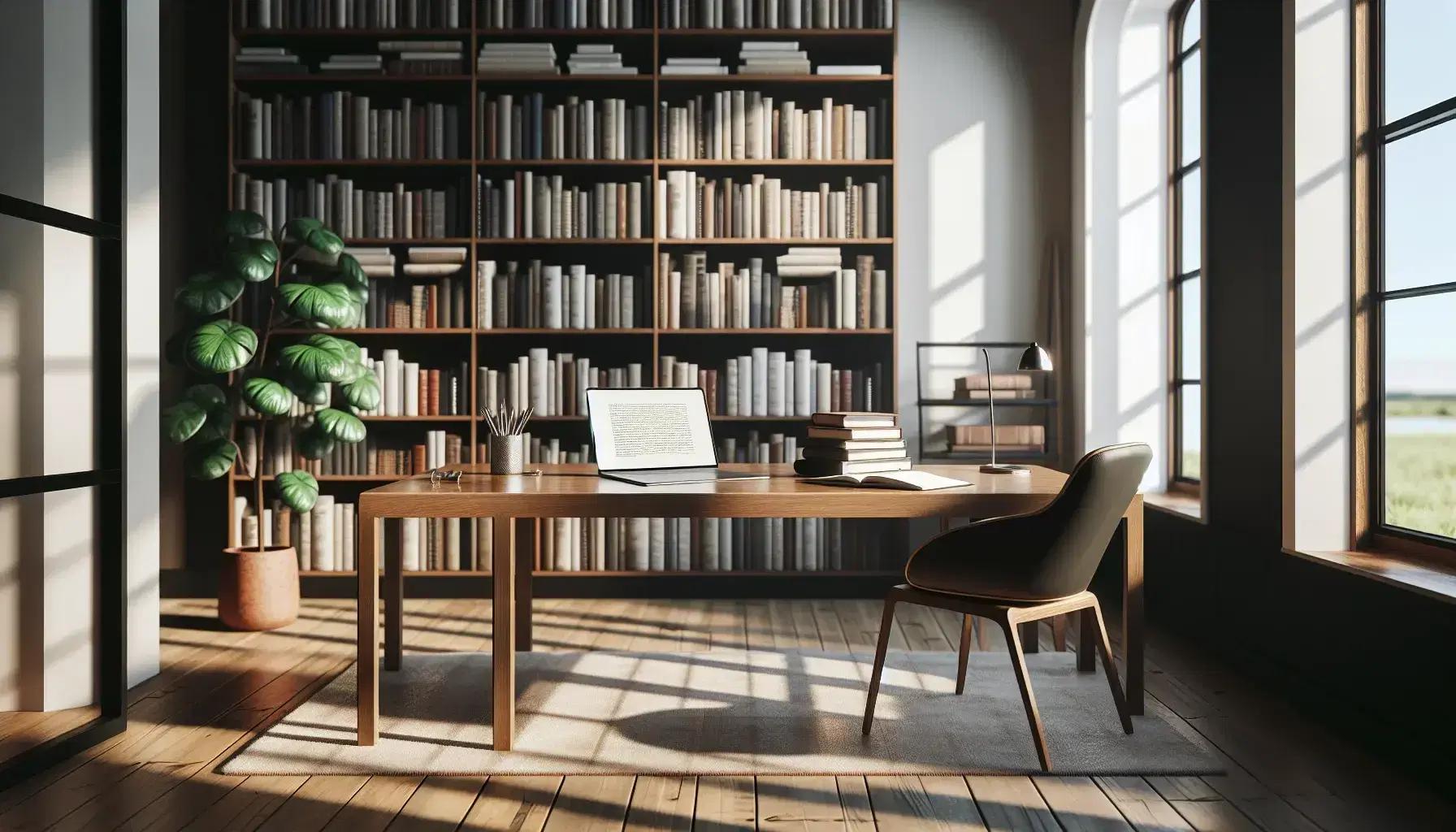 Biblioteca iluminada con estantes de madera oscuros llenos de libros, mesa con portátil abierto, cuaderno y pluma, silla ergonómica y planta verde.