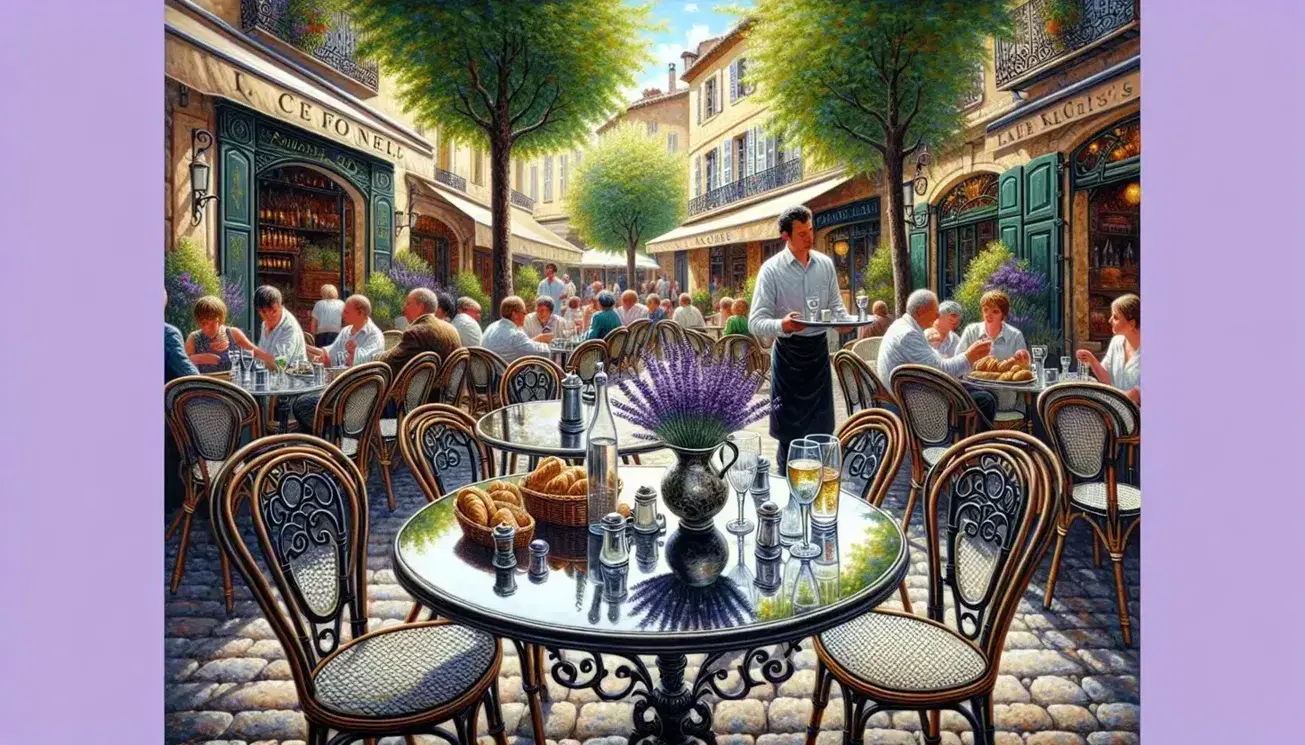 Bustling French café with patrons chatting, a waiter serving drinks, surrounded by greenery under a clear blue sky, exuding a lively ambiance.