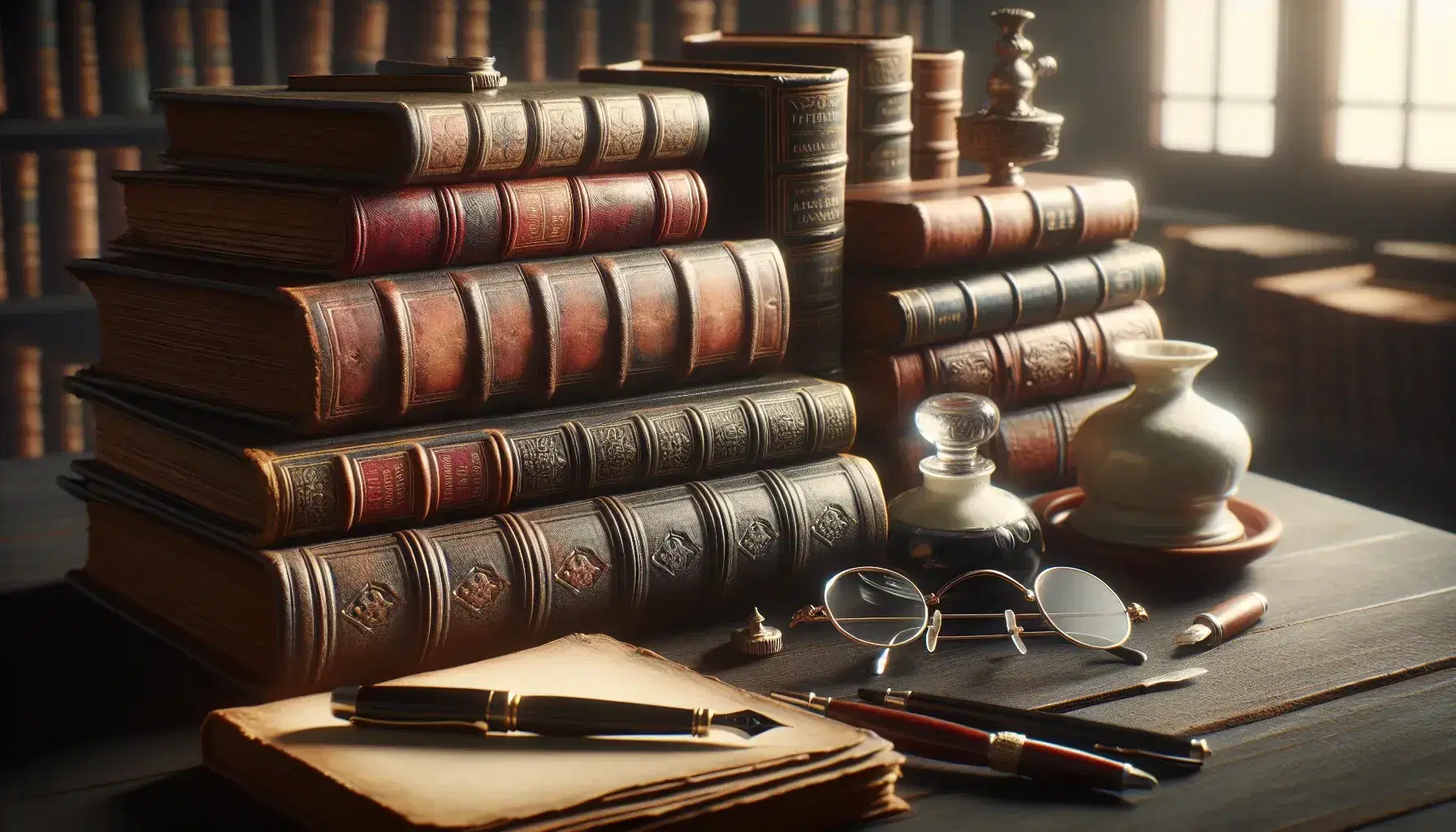 Libros antiguos encuadernados en cuero apilados sobre una mesa de madera oscura junto a gafas redondas y un tintero con pluma estilográfica.