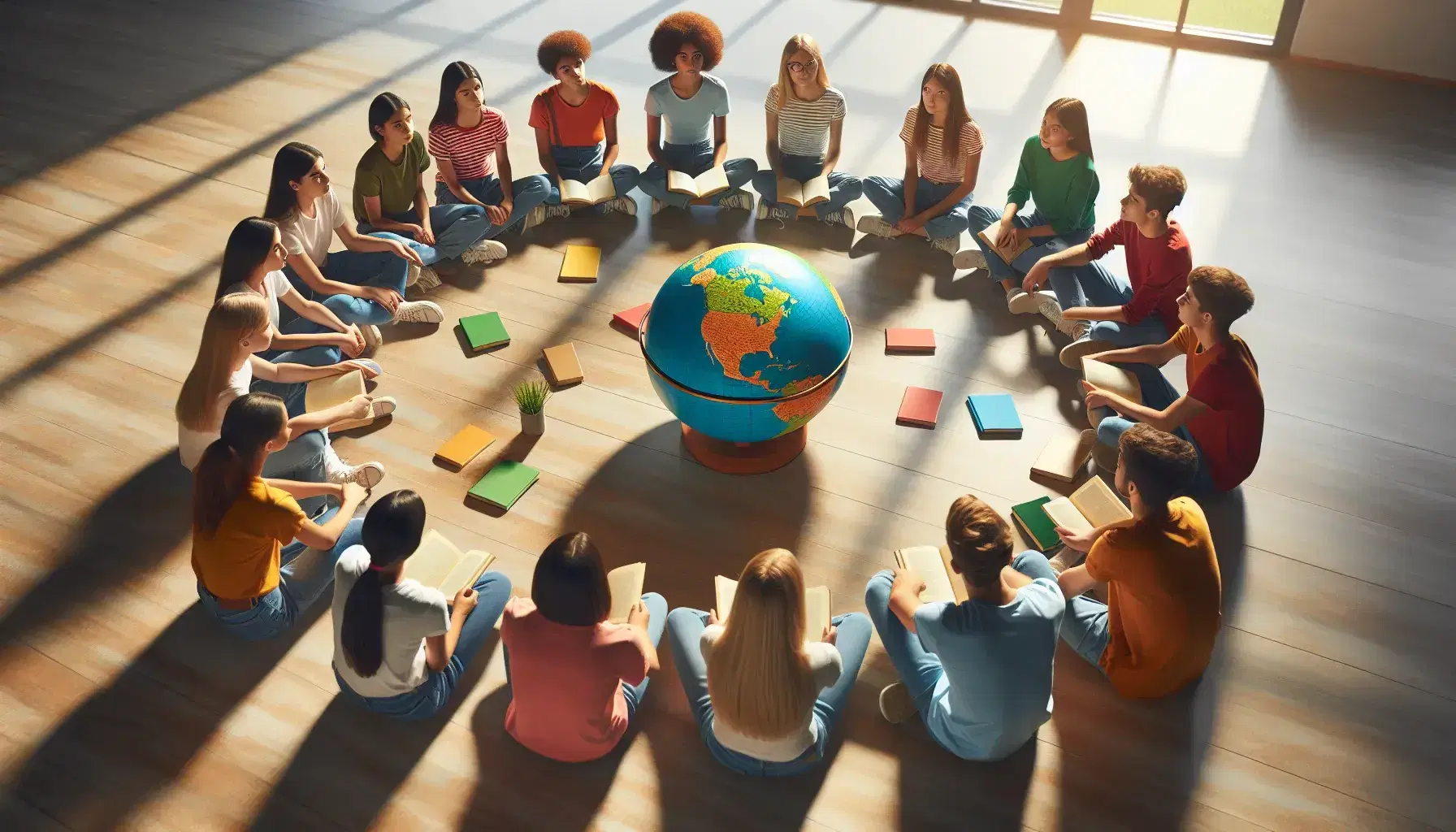 Grupo diverso de estudiantes sentados en círculo en aula iluminada, con libros y un globo terráqueo en el centro, mostrando interés y participación en la actividad.