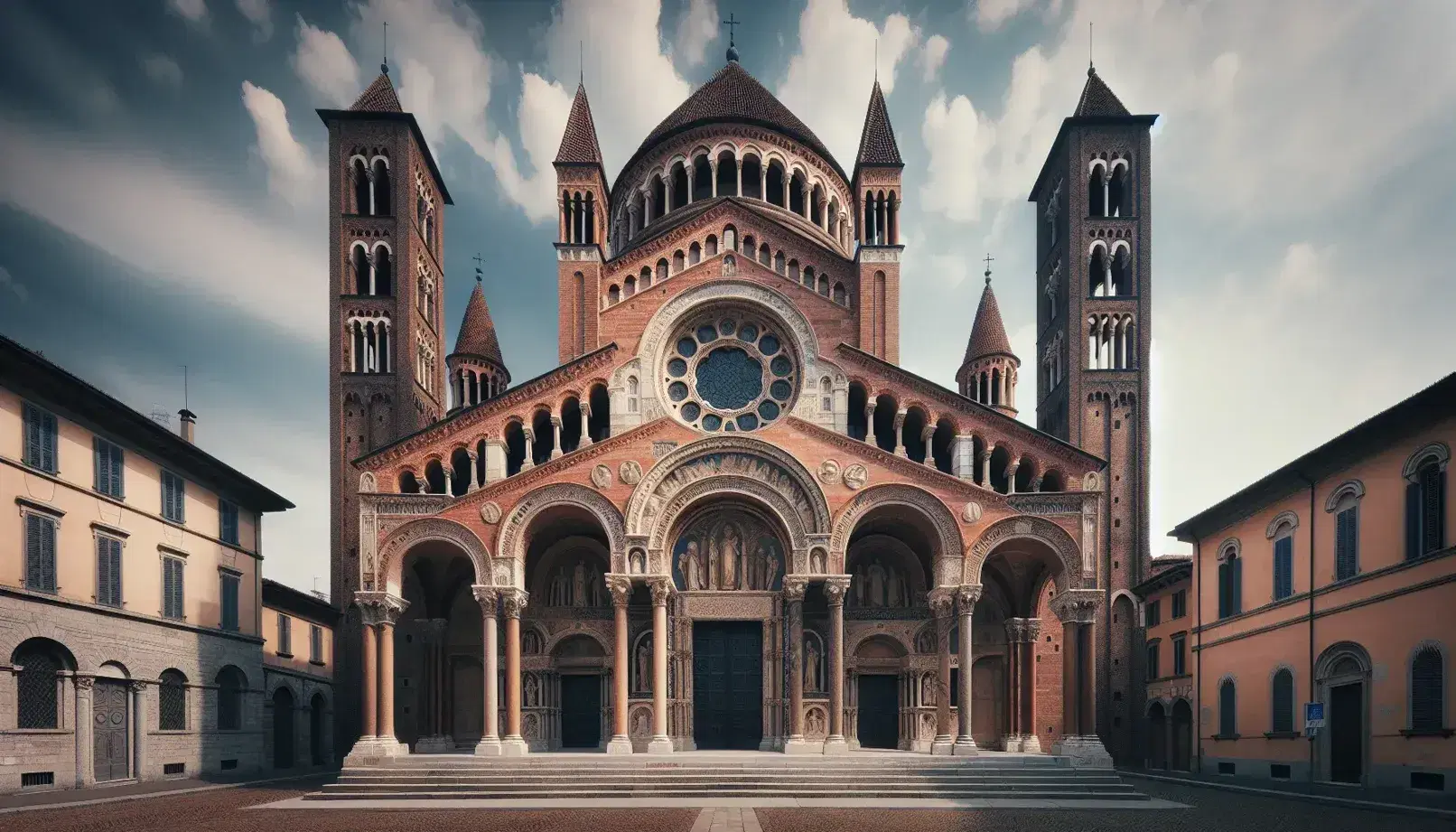 Facciata della Basilica di Sant'Ambrogio a Milano con due campanili asimmetrici, portale ad arco e loggia, sotto un cielo azzurro.