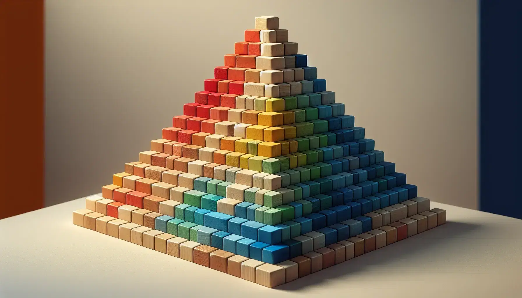 Bloques de madera en colores variados formando una pirámide escalonada con sombras suaves sobre superficie lisa, sin texto ni personas.