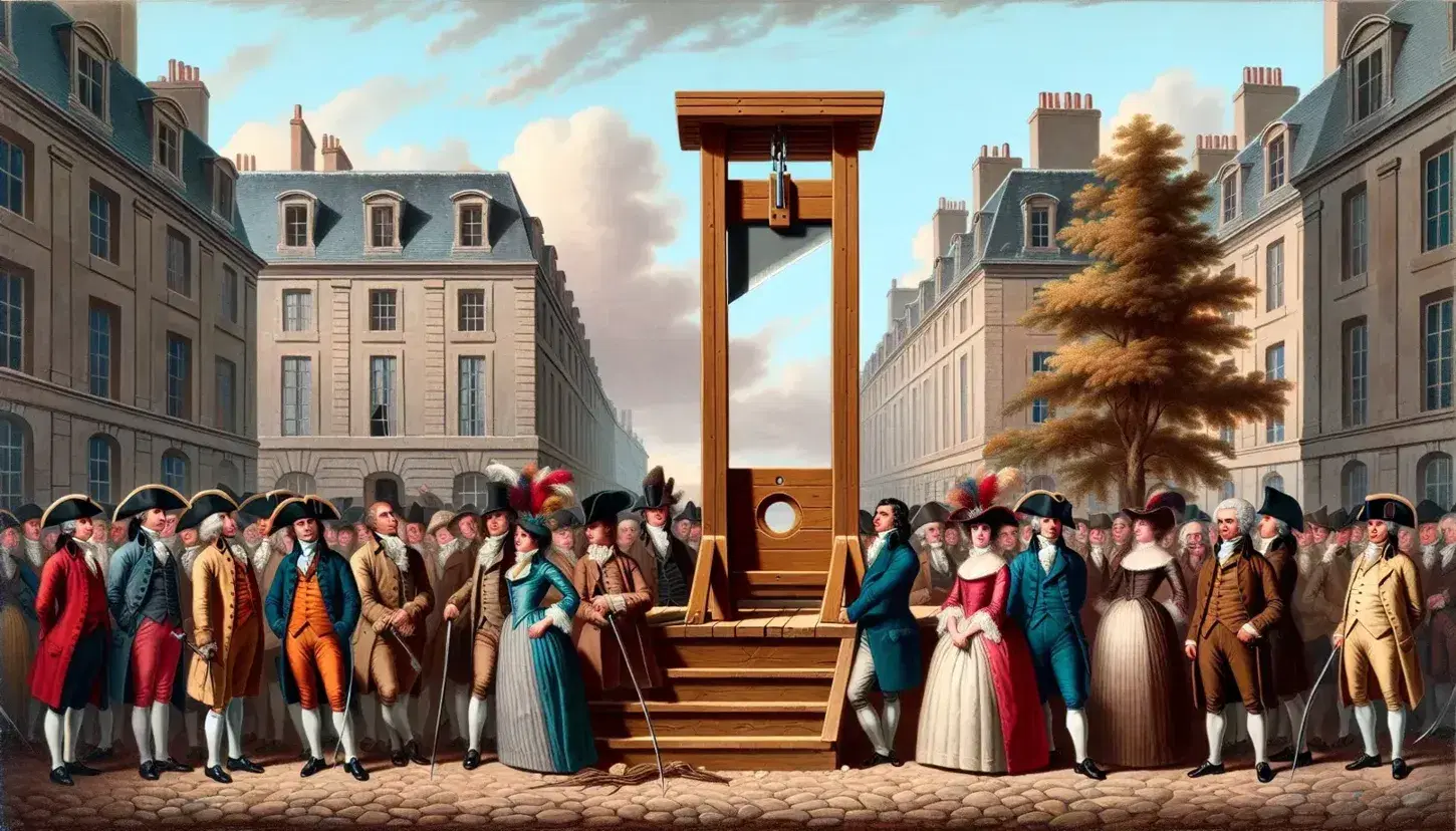 Escena de la Revolución Francesa con guillotina de madera y hoja plateada, personajes en atuendos del siglo XVIII y arquitectura neoclásica.