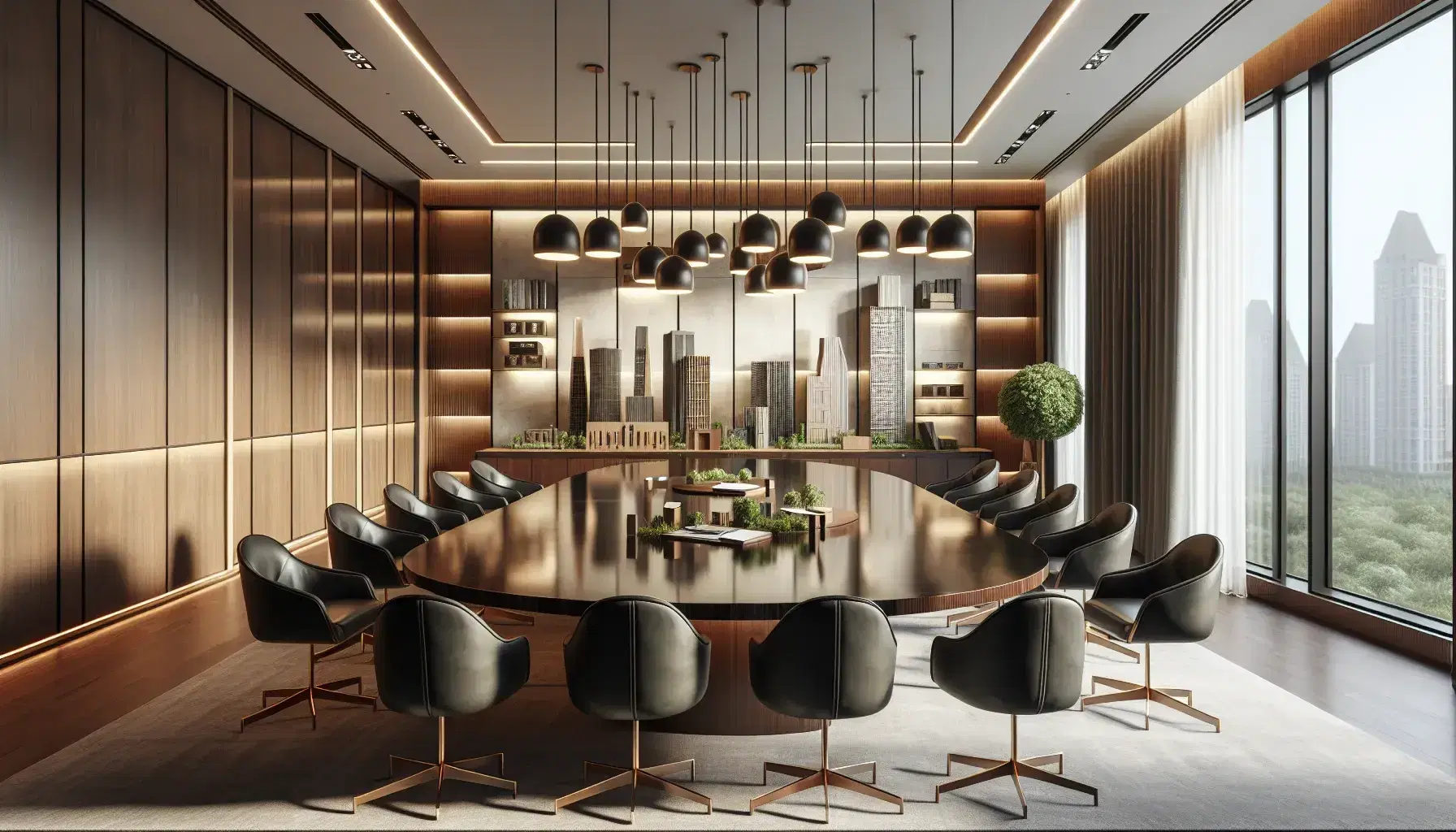 Sala riunioni elegante con tavolo ovale in legno scuro, sedie in pelle nera, lampade pendenti moderne e modellini architettonici su mobile basso.