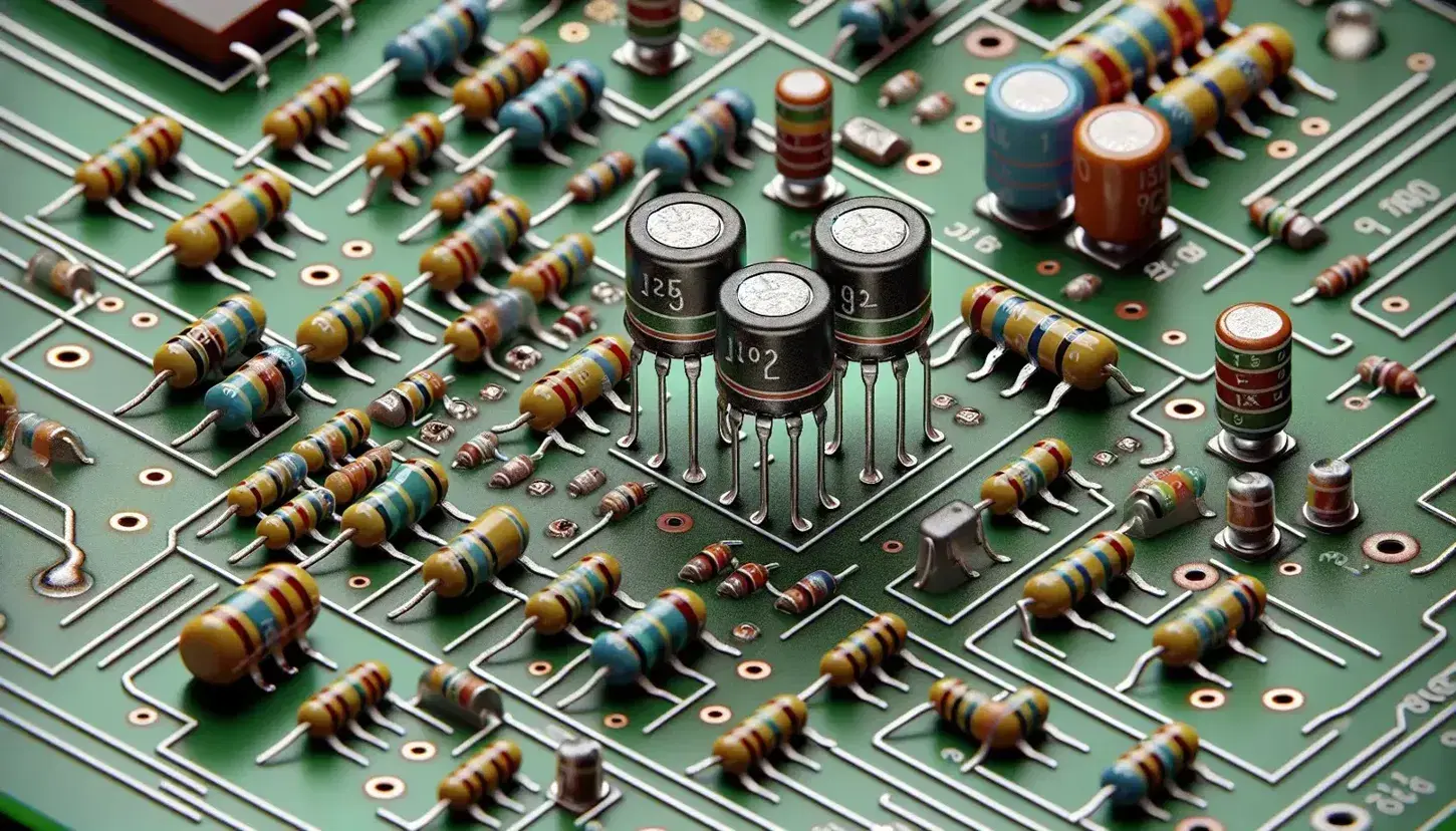 Close-up view of a differential amplifier circuit with black cylindrical transistors, colorful resistors, and orange capacitors on a green PCB.