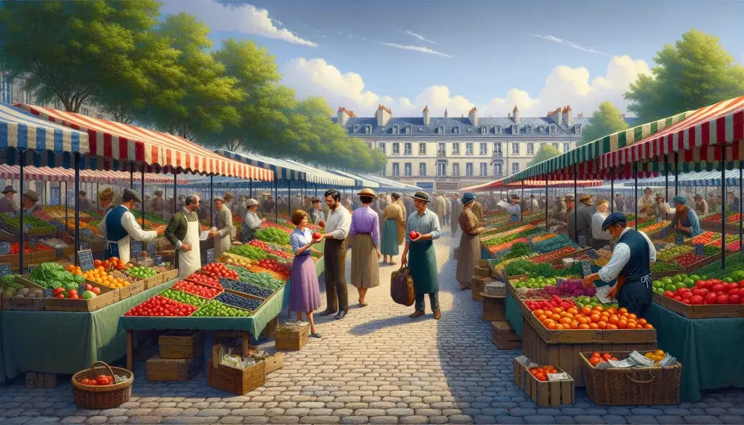 Mercado al aire libre con gente comprando frutas y verduras bajo toldos coloridos, mujer inspeccionando una manzana y hombre pagando al vendedor.