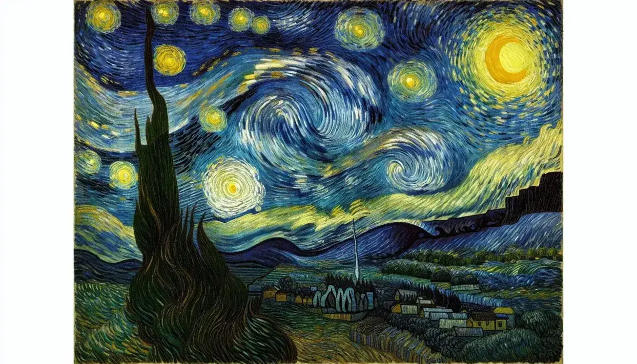 Riproduzione del dipinto 'Notte Stellata' di Van Gogh con cielo tempestoso, cipresso scuro e villaggio illuminato.