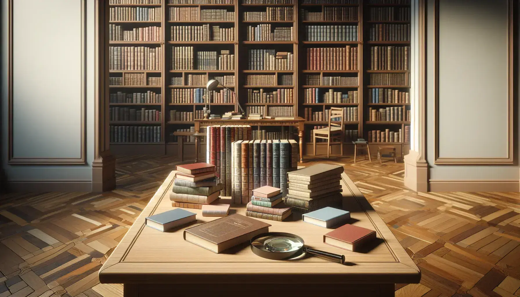 Mesa de madera con libros apilados de diversos colores y tamaños junto a una lupa, frente a una estantería repleta y una ventana que ilumina la escena en una biblioteca tranquila.