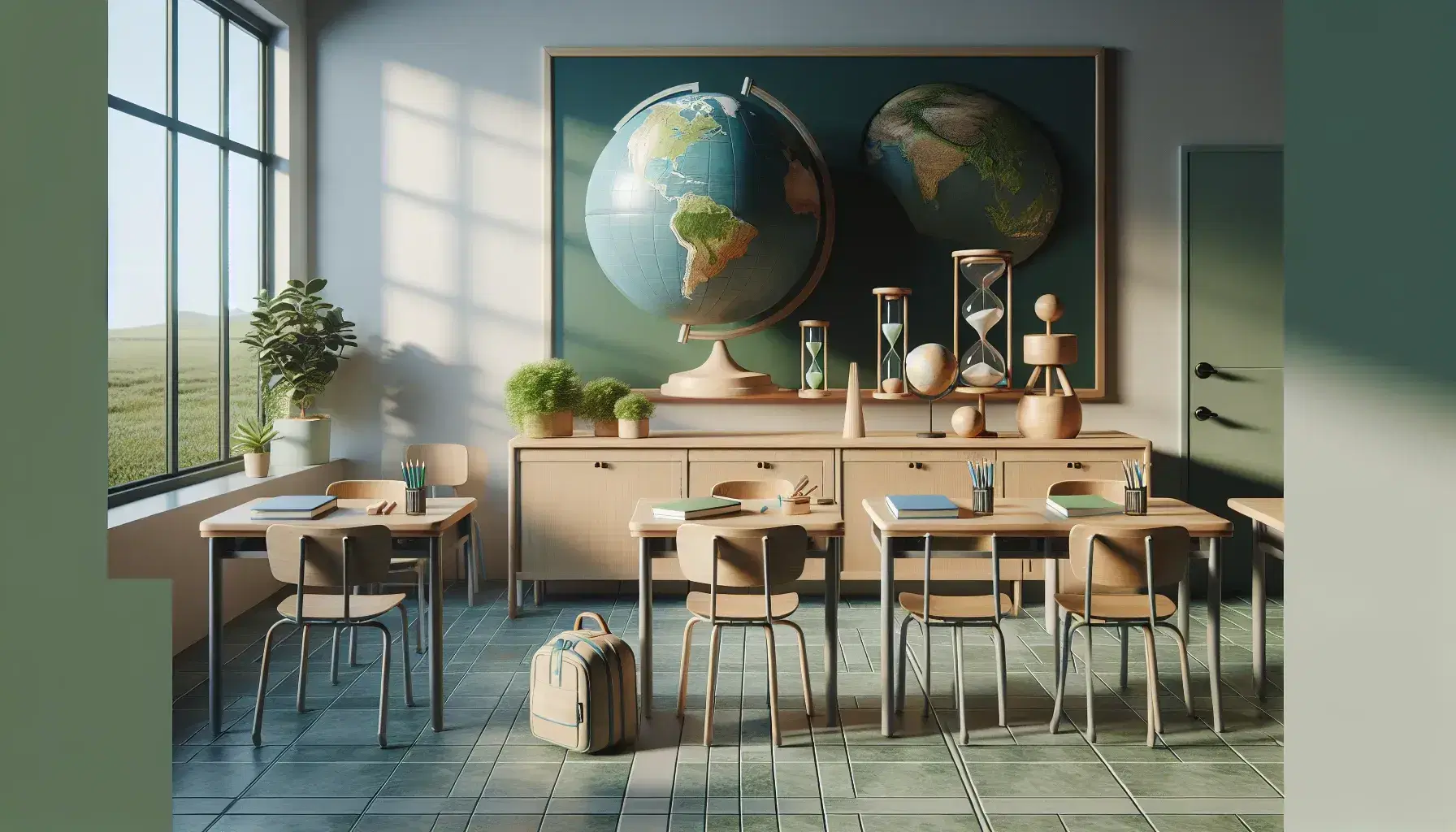 Aula luminosa con mesa de madera y objetos educativos como globo terráqueo, reloj de arena y figuras geométricas, junto a pizarra verde y planta.