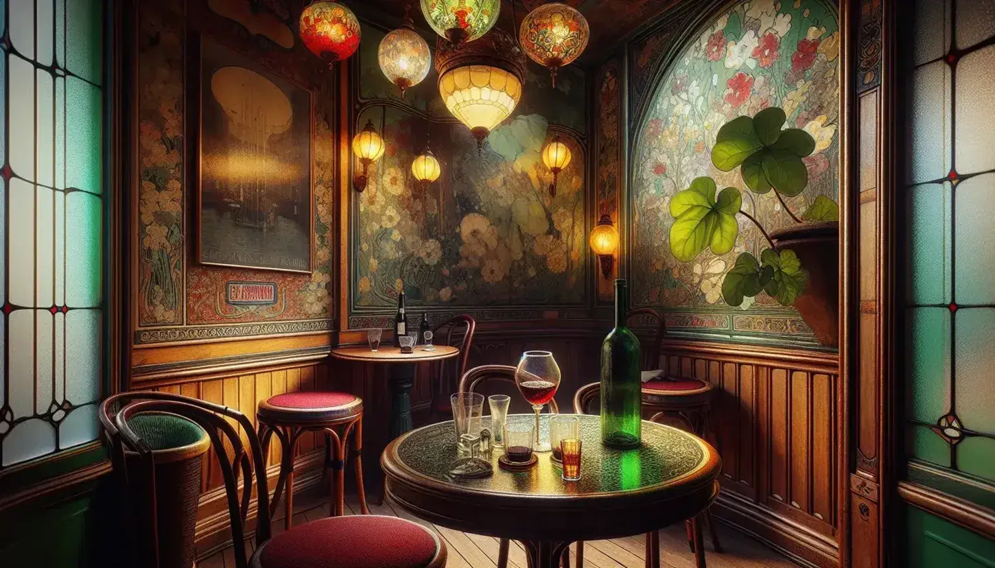 Angolo di caffè parigino in stile fine '800 con tavolo rotondo, bicchiere di vino rosso, sedie in velluto rosso e carta da parati Art Nouveau.