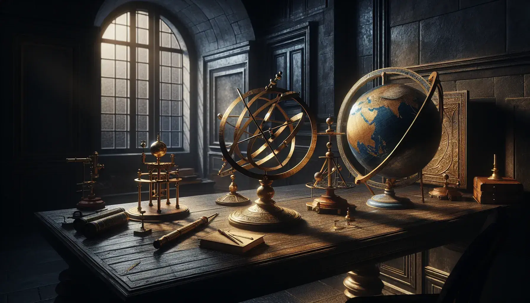 Studio rinascimentale con strumenti scientifici come sfera armillare, astrolabio, telescopio e globo terrestre, illuminati da luce naturale.