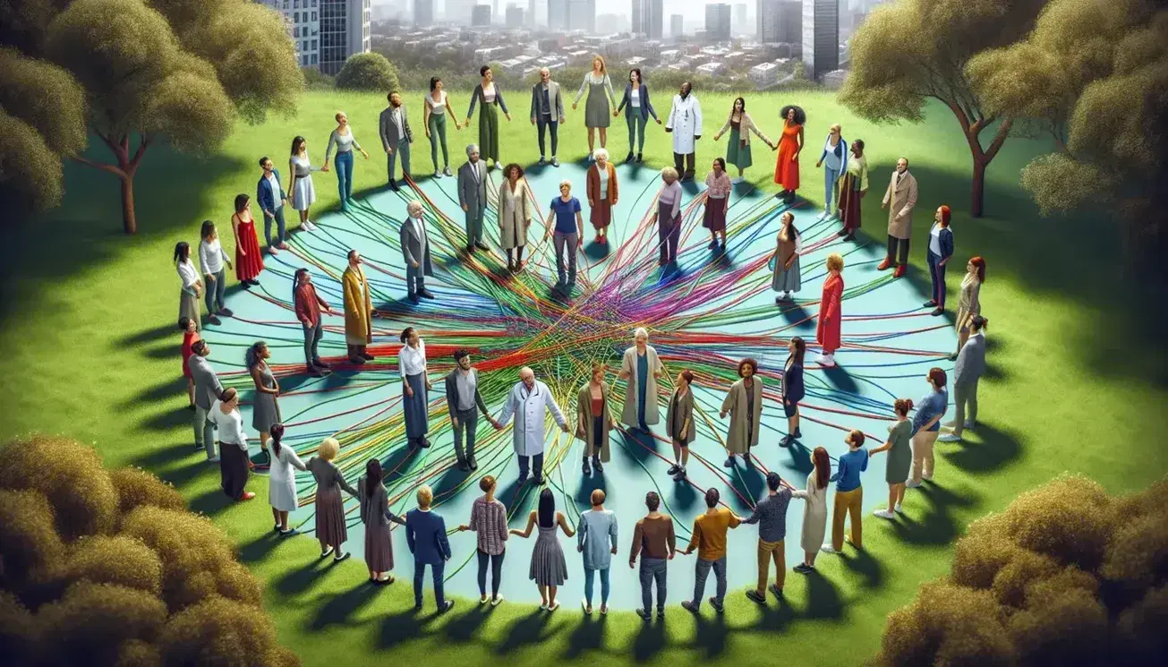 Diverse group of people in a city park linked by colorful threads symbolizing connection, with background of buildings among trees on a sunny day.