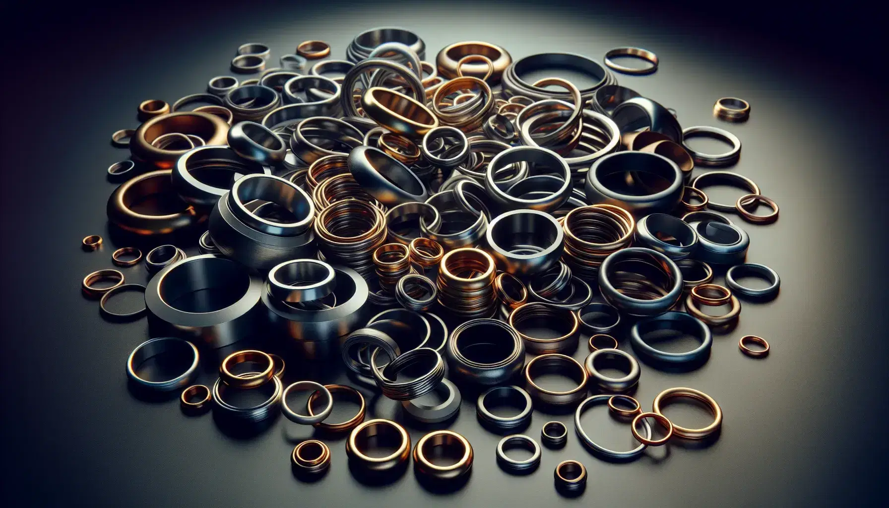 Assorted metallic rings in silver, bronze, and gold hues scattered on a dark surface, with interlocking circles and soft shadows.