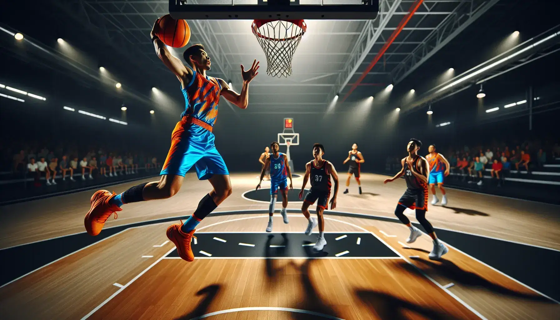 Giocatore di basket in salto con palla arancione verso canestro, con altri giocatori in attesa e pubblico sfocato sullo sfondo.