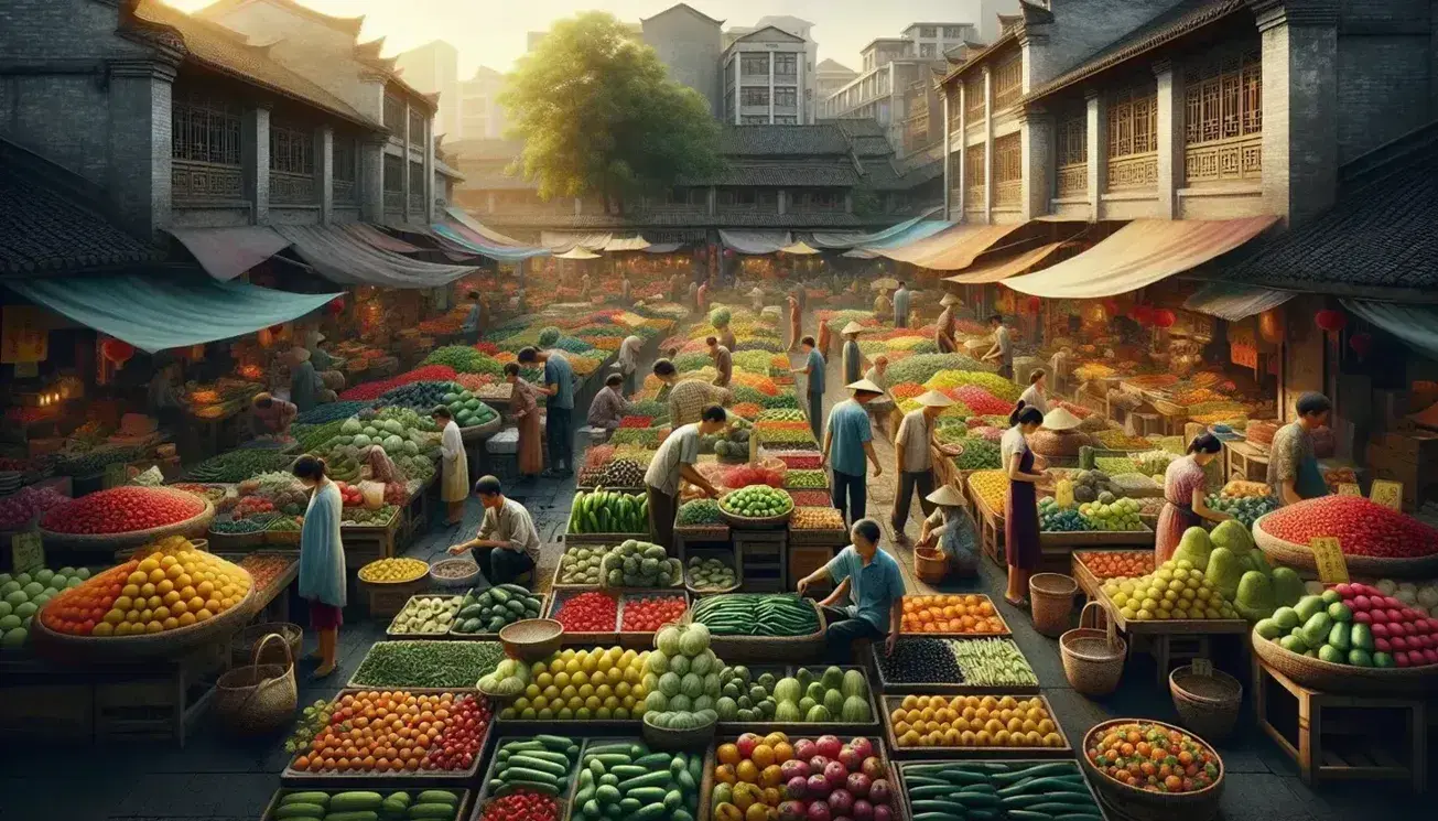 Mercato all'aperto cinese con bancarelle di frutta e verdura colorate, folla di persone e bambini che giocano in una giornata soleggiata.