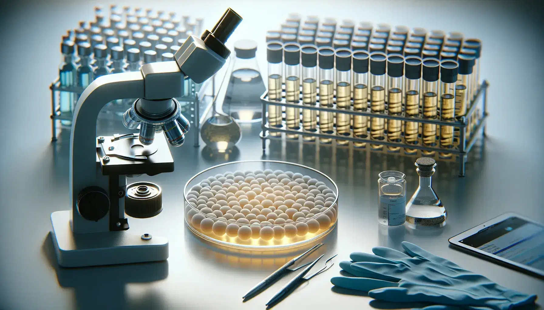 Petri dishes with pale yellow cell cultures, modern microscope on the left and blue latex gloves on white surface in laboratory.