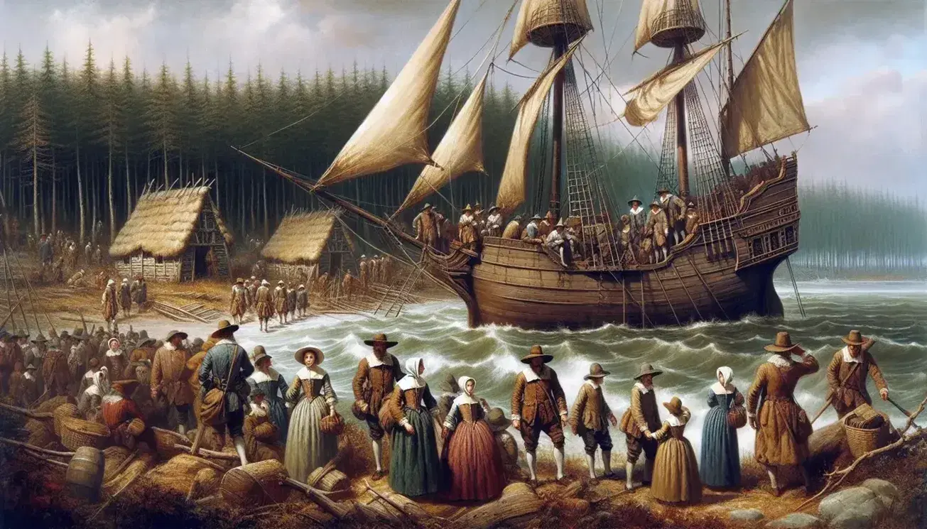 17th-century English settlers disembark from a three-masted ship, with makeshift wooden structures on the shore, marking the dawn of American colonization.